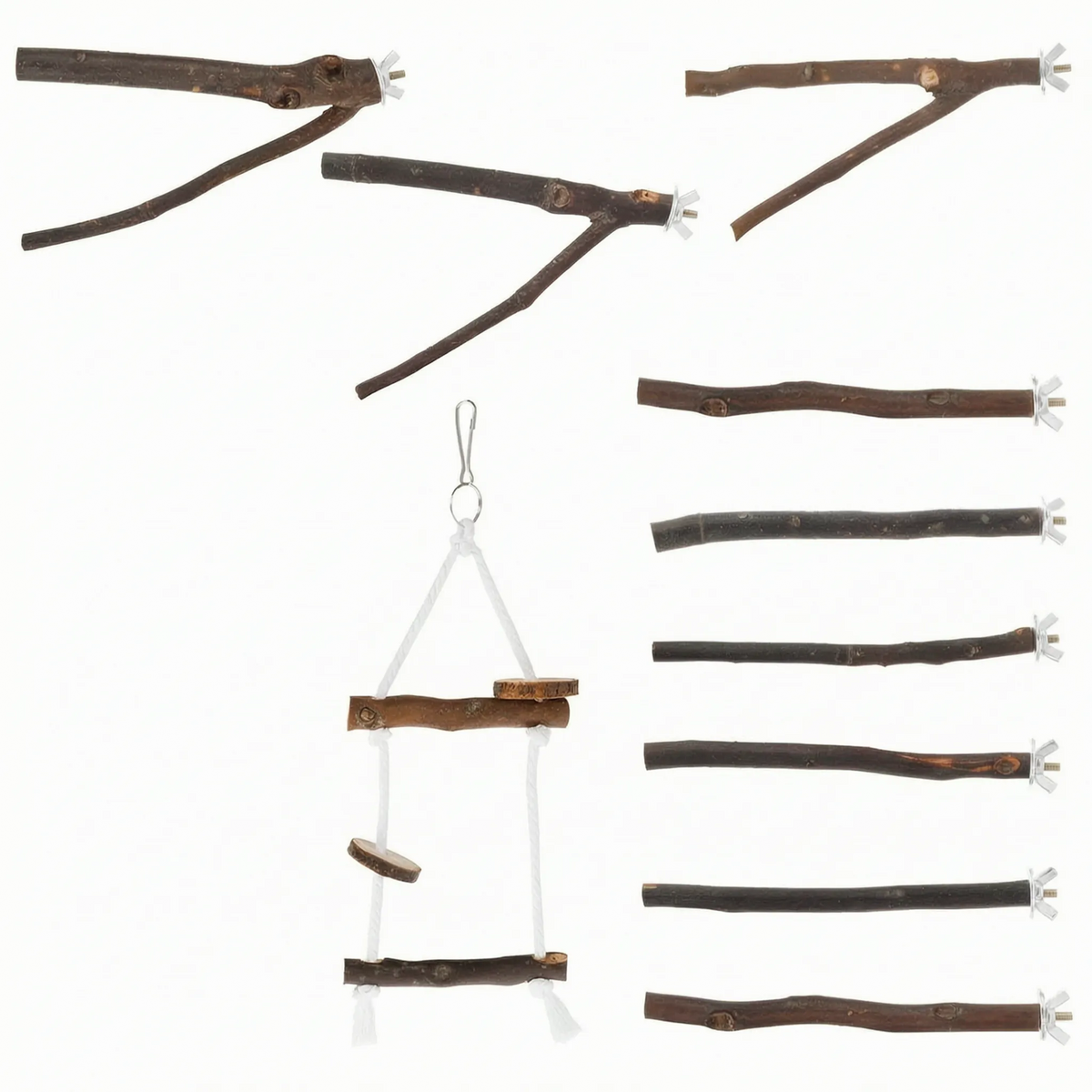 Collection of wooden perches on white: three forked branches, five straight sticks with wing nuts, and a hanging rope ladder. 5