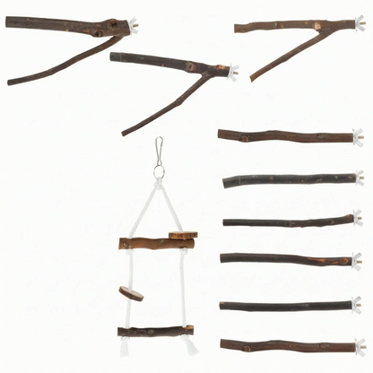 Collection of wooden perches on white: three forked branches, five straight sticks with wing nuts, and a hanging rope ladder. 5