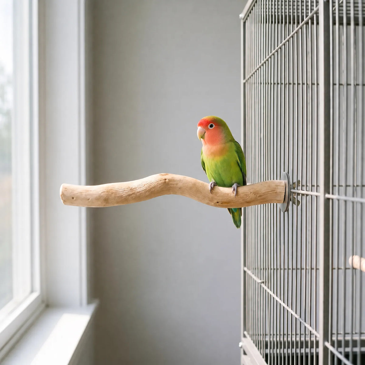 Green lovebird with a red face perched on the wooden branch, which is fixed to the bars of a cage beside a window. 2