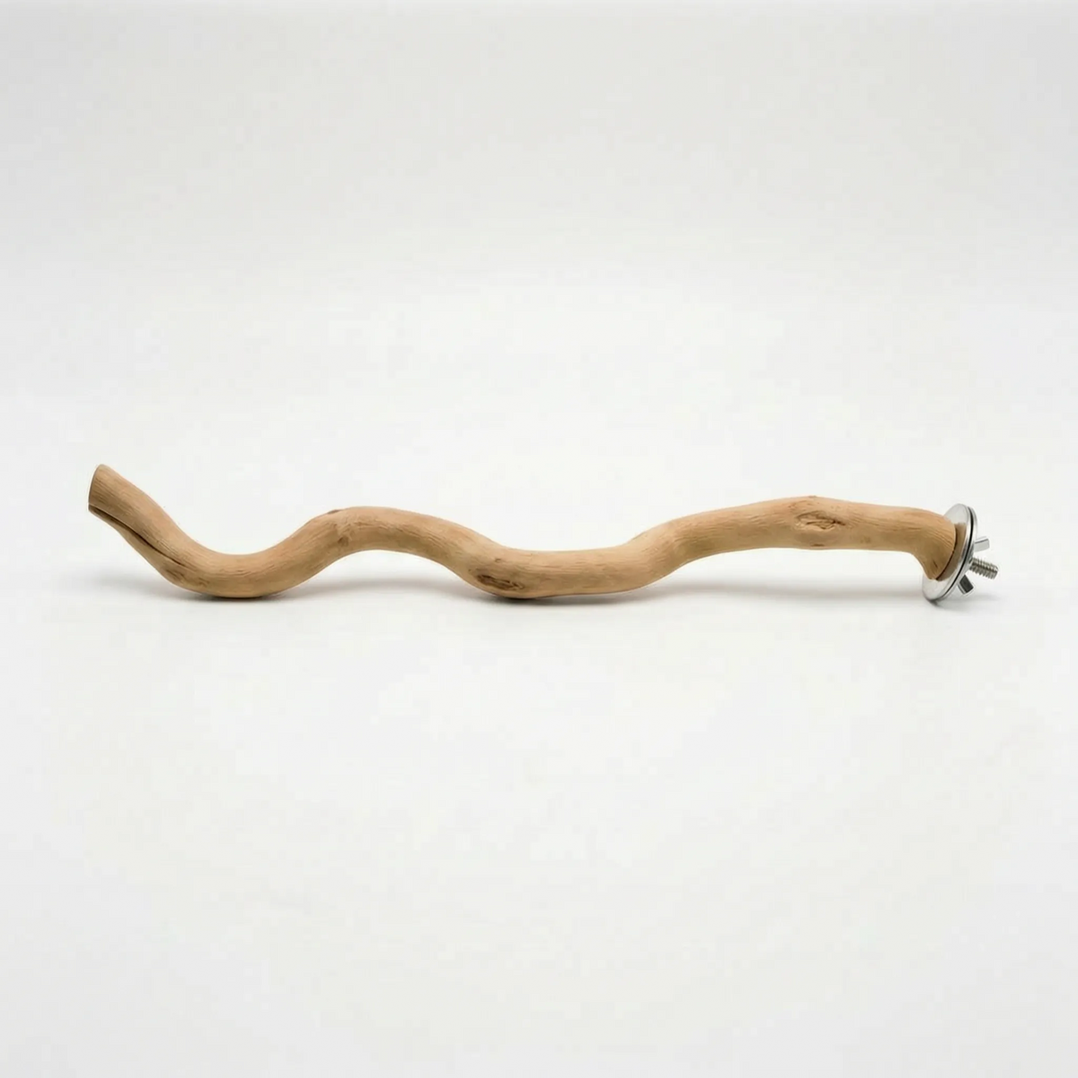 Long, winding wooden perch photographed on a white background, with a metal washer and bolt fixing at the right-hand end. 4
