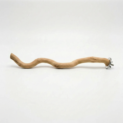 Long, winding wooden perch photographed on a white background, with a metal washer and bolt fixing at the right-hand end. 4