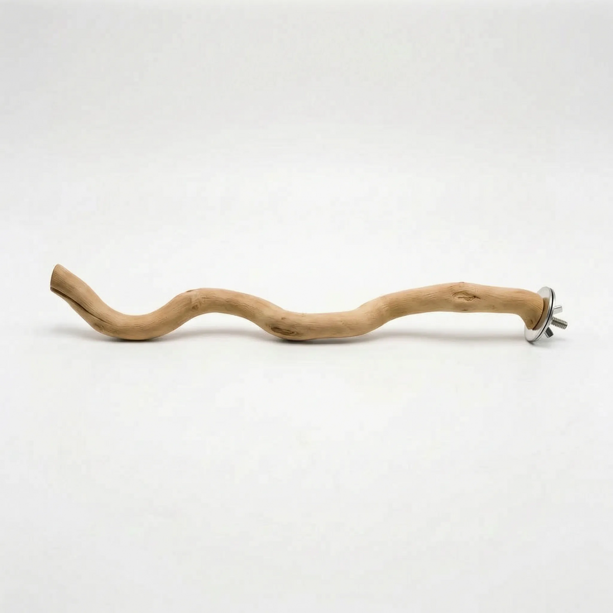 Long twisting branch perch seen from the side, with knots in the natural wood and a metal wing nut fixing at one end. 5