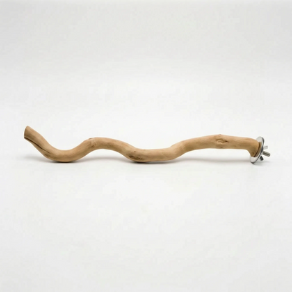 Long twisting branch perch seen from the side, with knots in the natural wood and a metal wing nut fixing at one end. 5