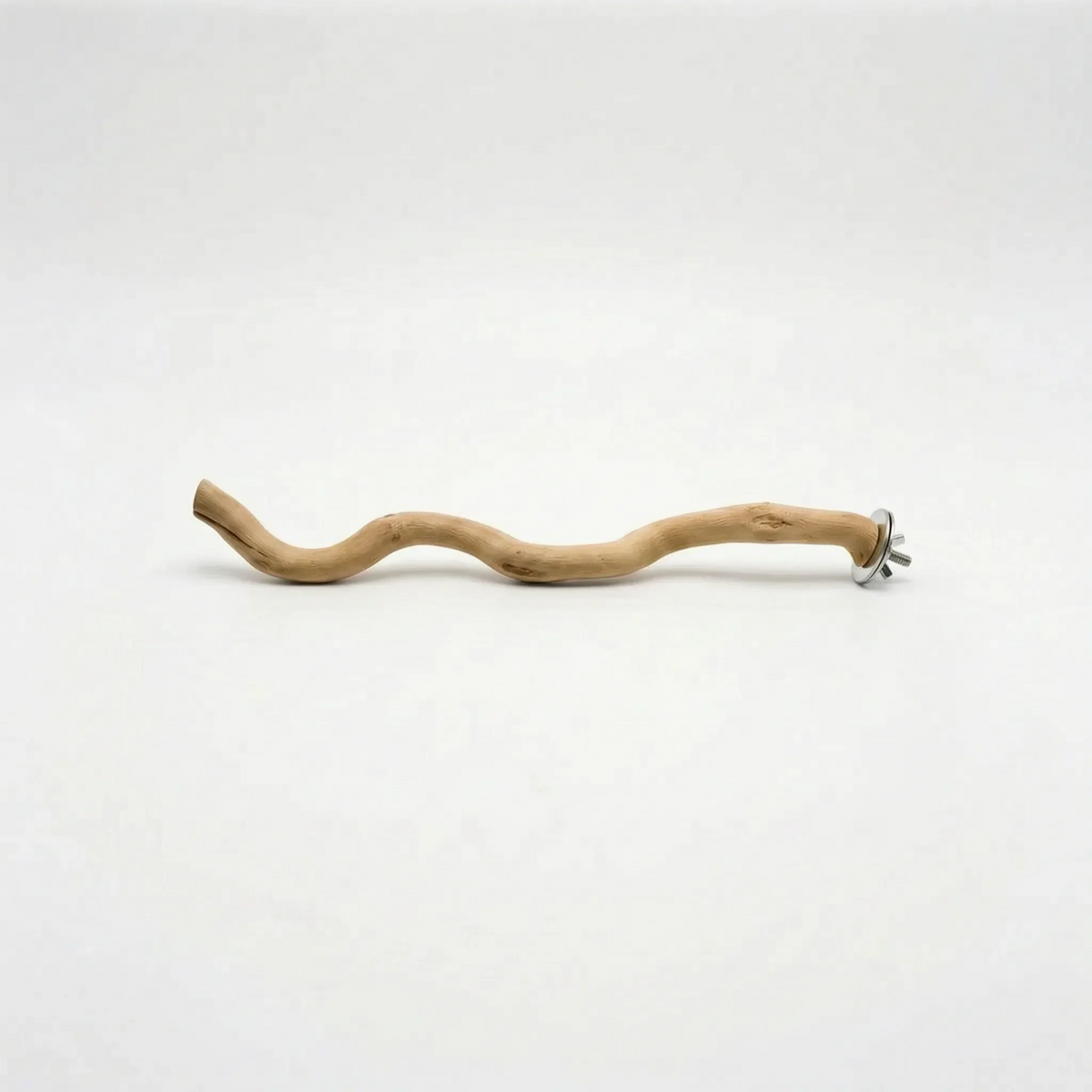 Slimmer view of the long curving wooden perch on a pale background, showing its wavy shape and the metal fixing at one end. 6