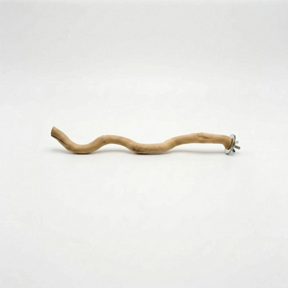 Slimmer view of the long curving wooden perch on a pale background, showing its wavy shape and the metal fixing at one end. 6