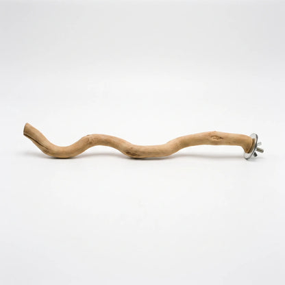 Full length of the long, curvy natural wood perch with visible knots and grain, and the metal bolt and wing nut fixing on the right. 7