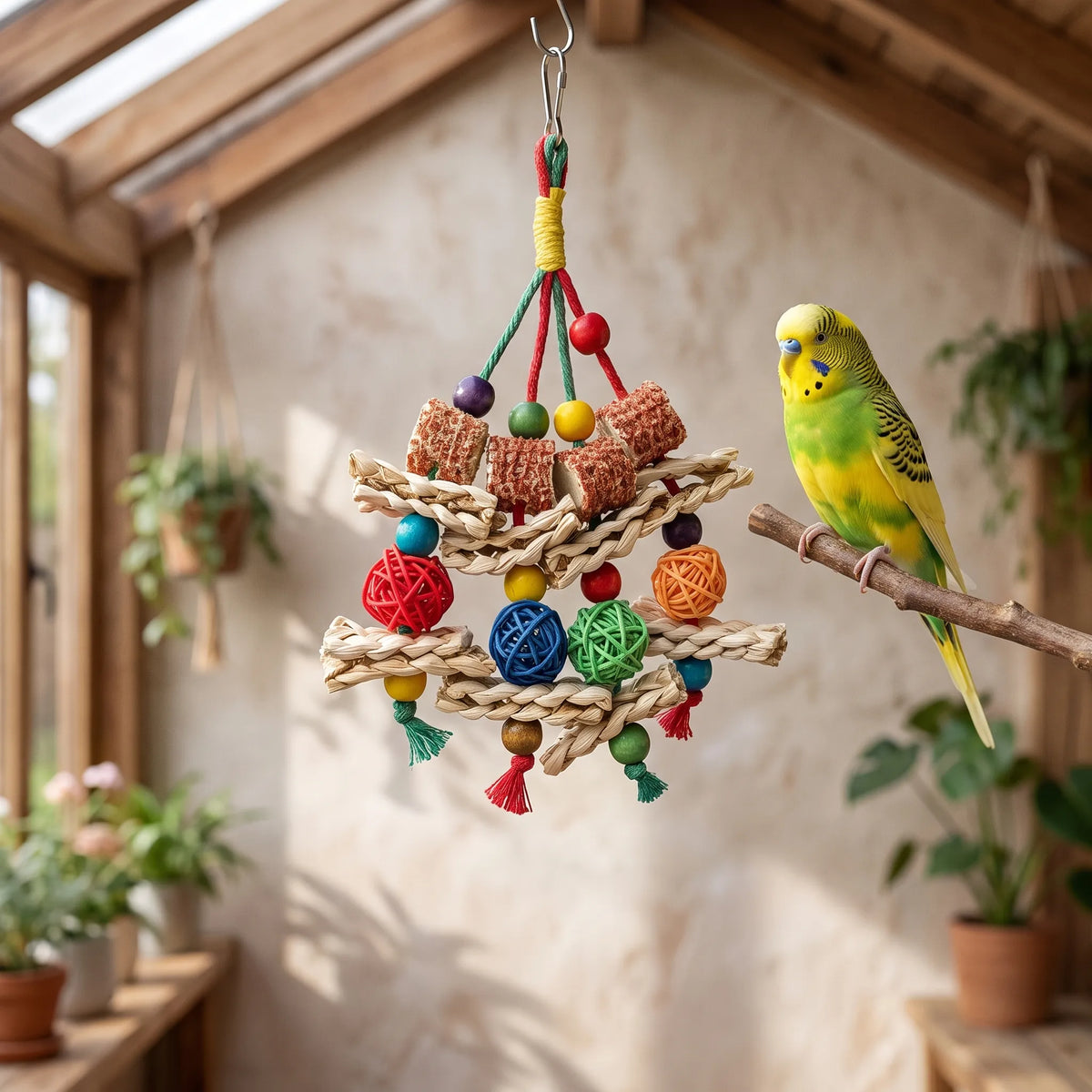 Colourful hanging toy with woven grass, rattan balls and wooden beads in an aviary, with a budgie perched on a branch nearby. 2