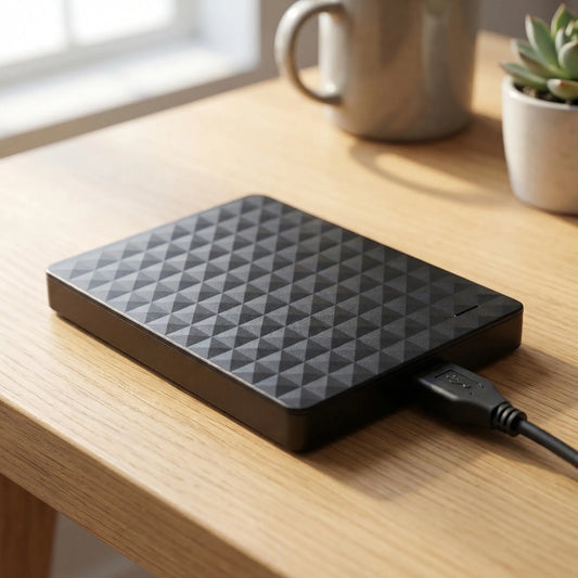 Black textured drive on a wooden desk beside a mug and succulent, with a USB cable attached 1