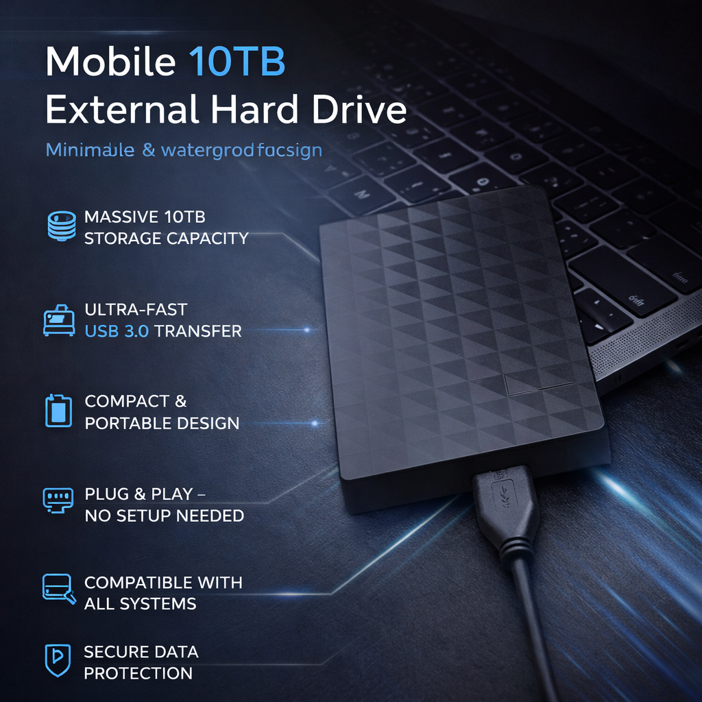 Promotional graphic of the drive plugged into a laptop, with a list of storage and speed features 5
