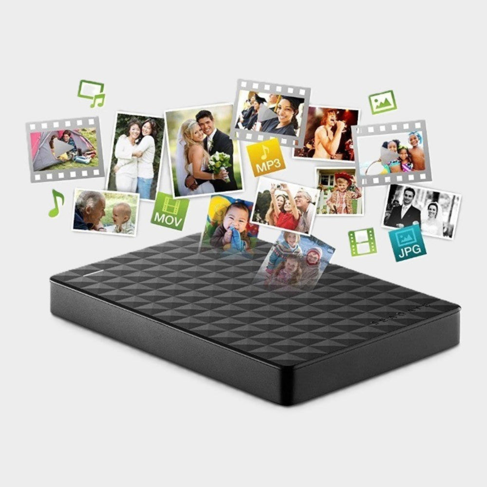 Drive with family photos, video clips and music file icons floating above it, showing what it can store 6