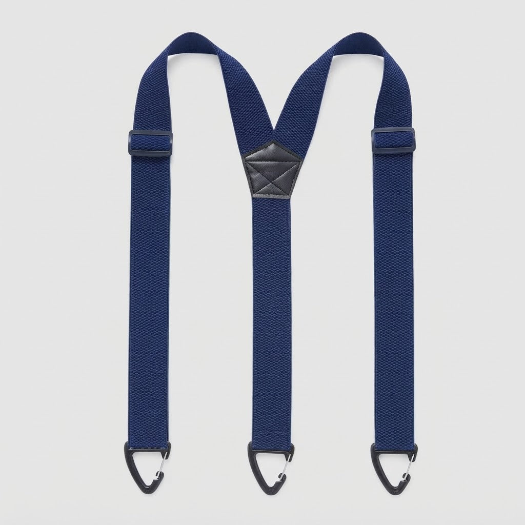 Flat lay of navy Y-shape braces with three black clip hooks and a dark centre patch 10
