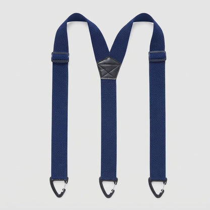 Flat lay of navy Y-shape braces with three black clip hooks and a dark centre patch 10