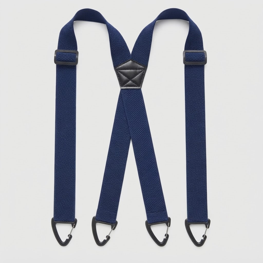 Flat lay of navy X-shape braces with four black clip hooks and a dark centre patch 11