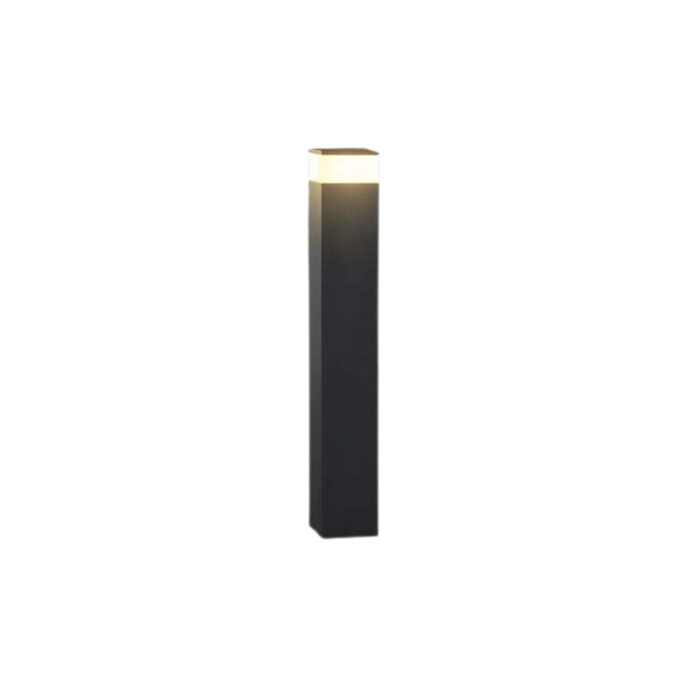 Taller version of the black rectangular post light on a plain white background, with its warm white band lit near the top. 2