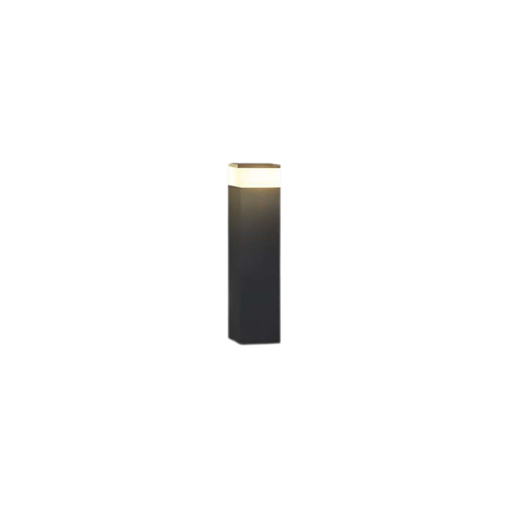 Shorter version of the black rectangular post light on a plain white background, glowing warm white at the top. 1