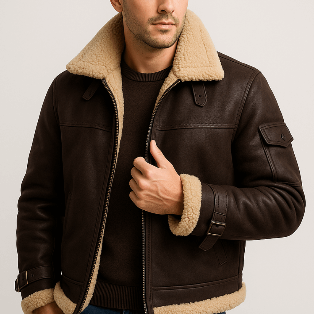 Model wearing the dark brown leather jacket with shearling collar, sleeve pocket and buckled cuffs, worn over a dark crew-neck jumper. 2