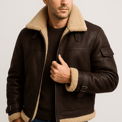 Close view of the dark brown leather jacket on a model, showing the shearling collar, collar tabs, zip and buckled cuff straps. 8