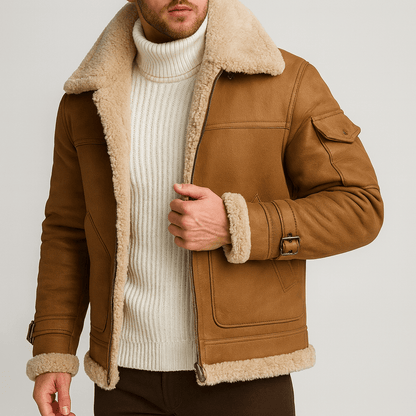 Model wearing the tan leather jacket with shearling collar and cuffs, unzipped over a cream ribbed roll-neck jumper and dark trousers. 3