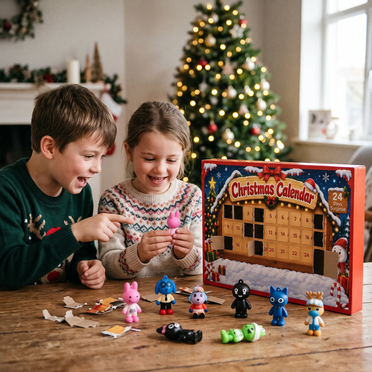 Two smiling children in festive jumpers open the calendar's doors beside a lit tree, figures lined up on the table 1