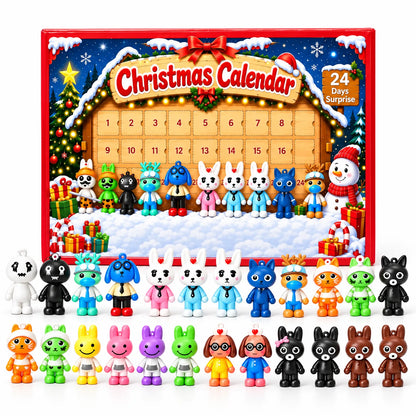 Front of the red calendar box with numbered doors, above two rows of all the colourful figures 2