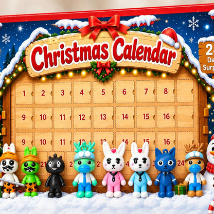 Close-up of the numbered wooden-style doors and a row of figures standing in painted snow 3