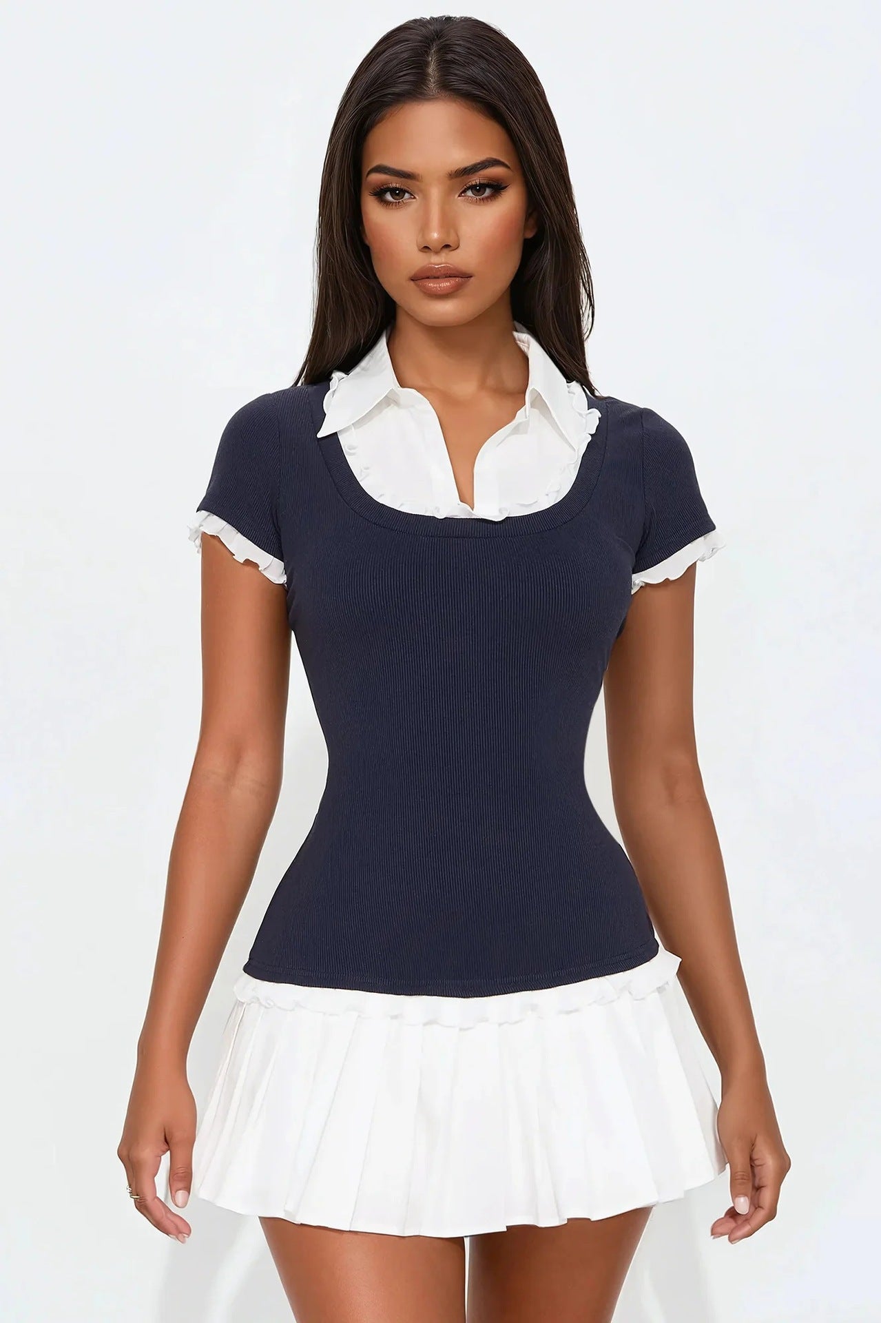 Trendy autumn mini dress with frilled detailing and a figure-hugging cut – Nia