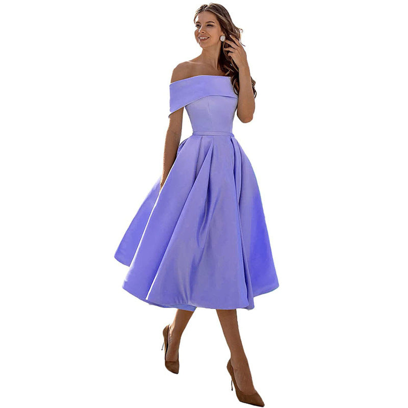 Off-the-shoulder, figure-hugging satin party dress for women – Mirella: Autumn Enchantment