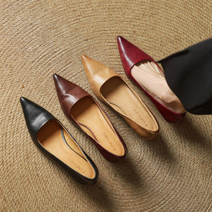 Four pairs of pointed-toe pumps in black, brown, tan and red seen from above 6