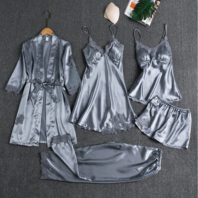 5-Piece Satin Sleep Set with Lace for Women – Liora