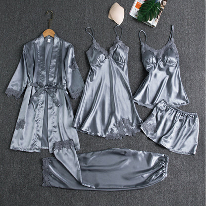 5-Piece Satin Sleep Set with Lace for Women – Liora