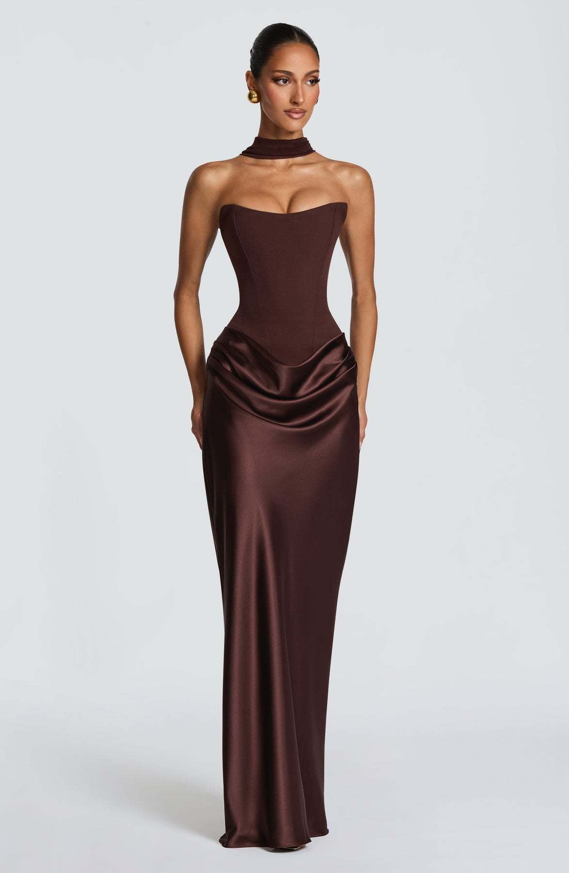 Chocolate brown corset maxi dress worn with a matching draped choker neckline, front view 10