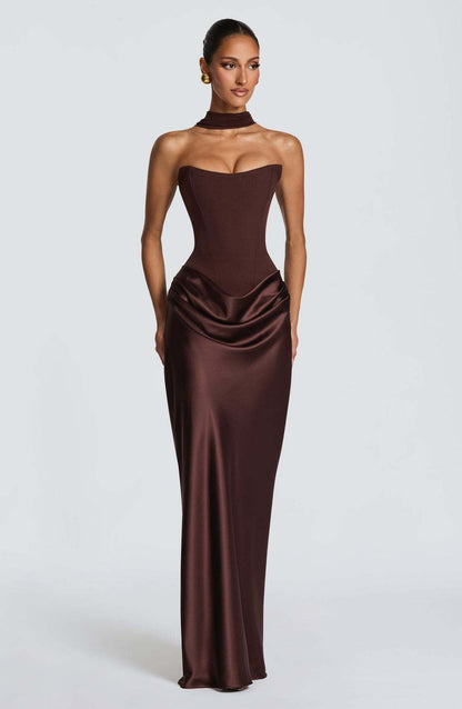 Chocolate brown corset maxi dress worn with a matching draped choker neckline, front view 10