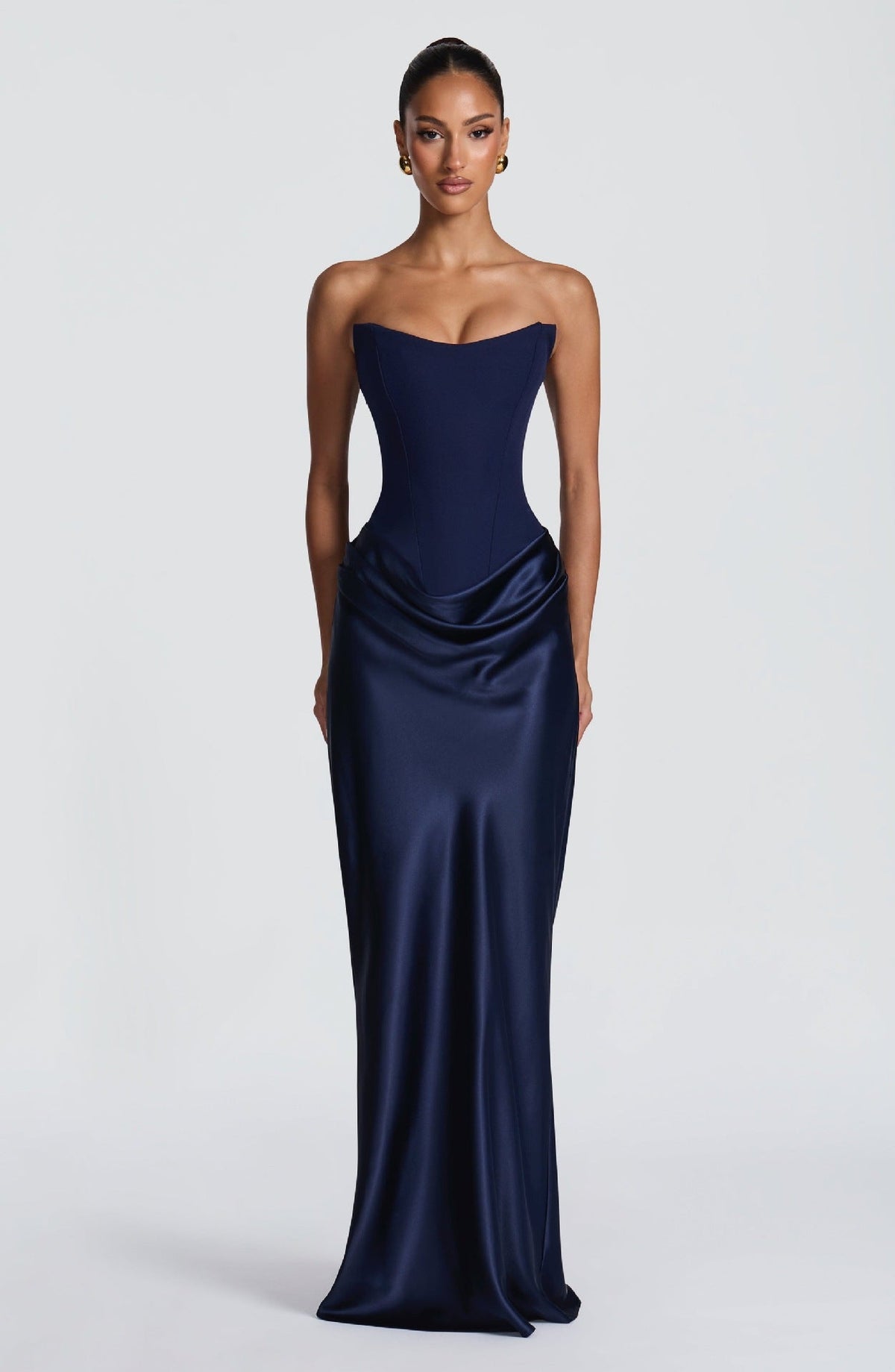 Navy blue strapless corset maxi dress with draped satin hip, front view on a model 6