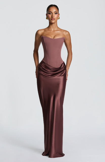 Back view of the mauve-brown dress with corset lacing and long ties over the drape 18