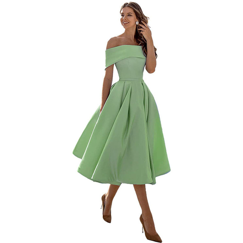 Off-the-shoulder, figure-hugging satin party dress for women – Mirella: Autumn Enchantment
