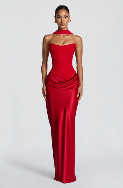 Front view of the red strapless corset dress with choker band and draped satin skirt 26