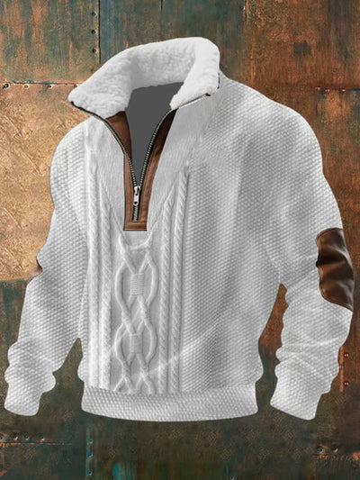 Pale cream version with a central cable panel, fleece-lined collar and brown elbow patches 4