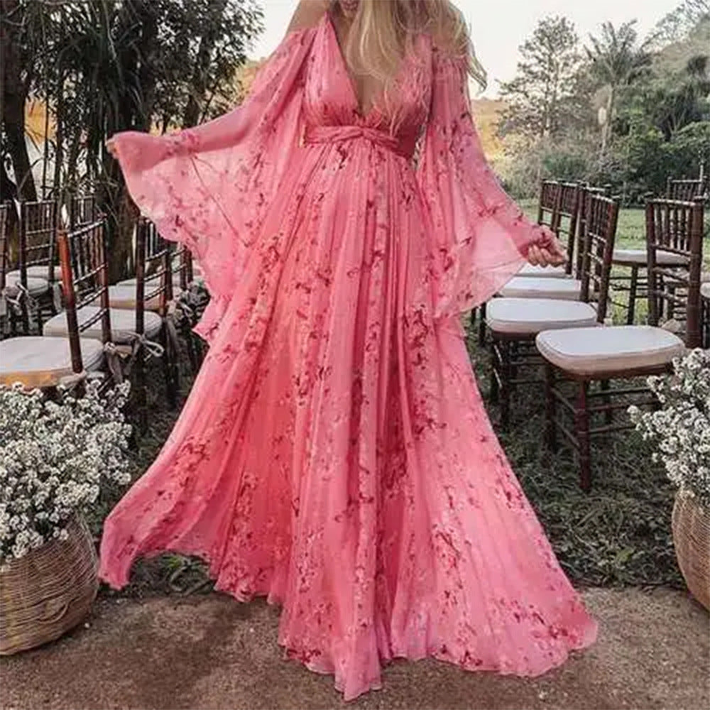 Swinging Pink Chiffon Dress with Flared Sleeves - Isabelle
