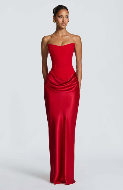 Front view of the red strapless corset dress without the choker, with hip drape and long satin skirt 29