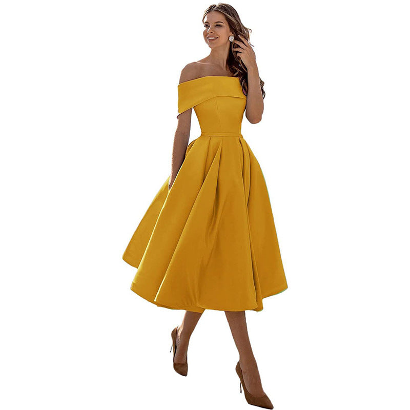 Off-the-shoulder, figure-hugging satin party dress for women – Mirella: Autumn Enchantment