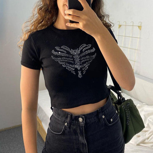 Trendy women's crop top with rhinestone skeleton pattern – Yara