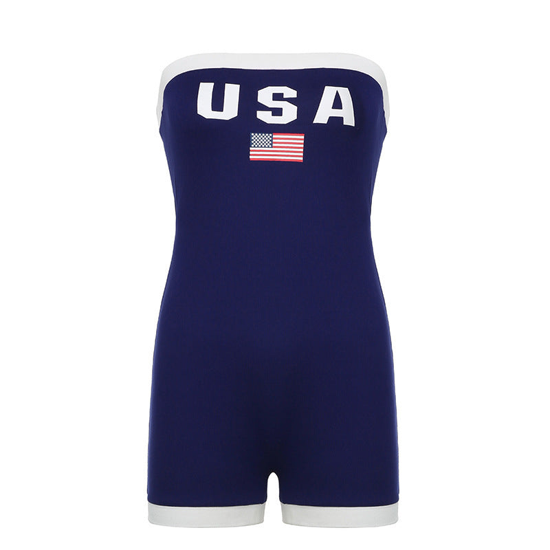 Trendy bandeau swimsuit with USA motif and contrast details – Lexie