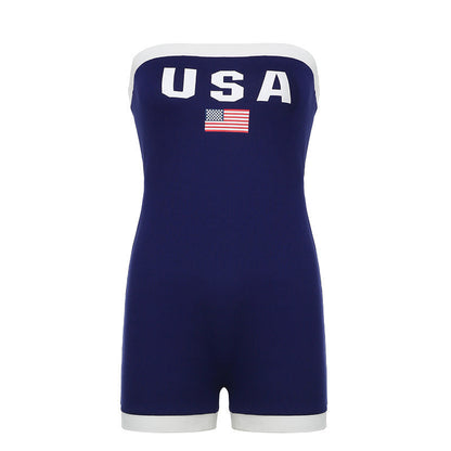 Trendy bandeau swimsuit with USA motif and contrast details – Lexie