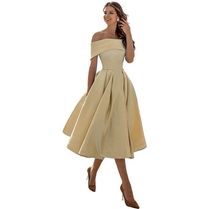 Off-the-shoulder, figure-hugging satin party dress for women – Mirella: Autumn Enchantment