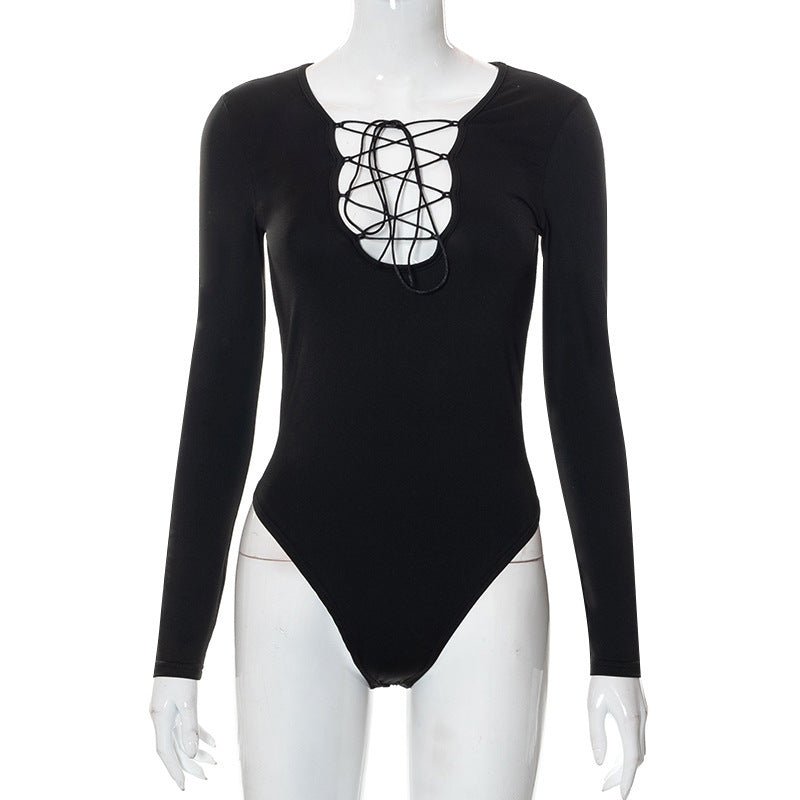 Autumnal women's bodysuit with lace-up front & deep V-neck – Aveline