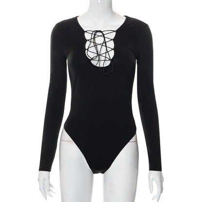 Autumnal women's bodysuit with lace-up front & deep V-neck – Aveline