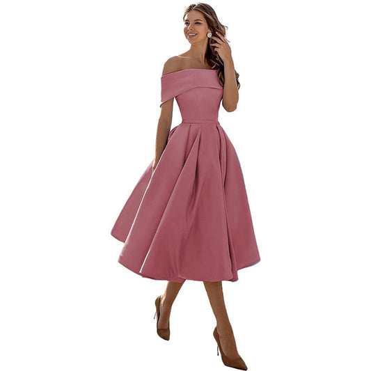 Off-the-shoulder, figure-hugging satin party dress for women – Mirella: Autumn Enchantment