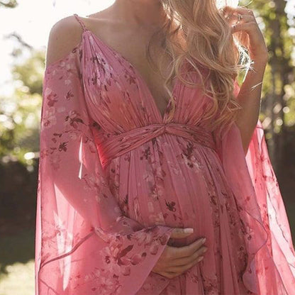 Swinging Pink Chiffon Dress with Flared Sleeves - Isabelle