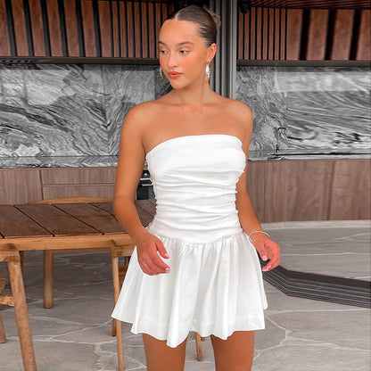 White strapless mini dress with plissé details – Nikki