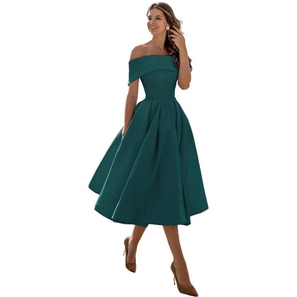 Off-the-shoulder, figure-hugging satin party dress for women – Mirella: Autumn Enchantment